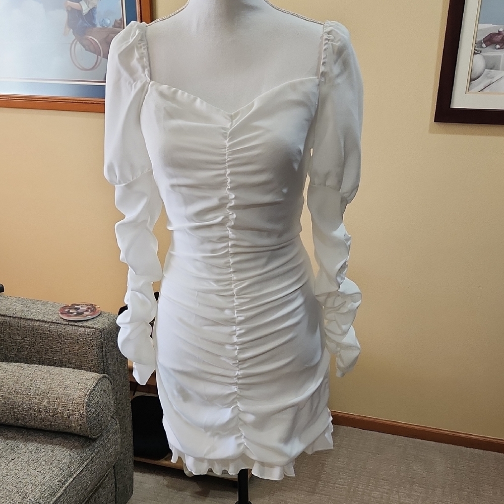 PrettyLittleThing White Ruched Bodycon Dress with Bishop Sleeves